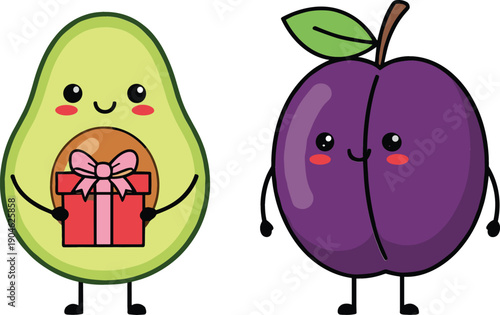 Cute Avocado and Plum Cartoon Characters with Gift Box Illustration for Kids Designs, Stickers, Mascots, Branding, and Fun Food Concepts