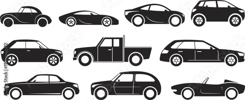 Collection of car silhouette icons showcasing diverse automobile body styles, passenger vehicles, urban mobility concepts, and modern road transportation design variations