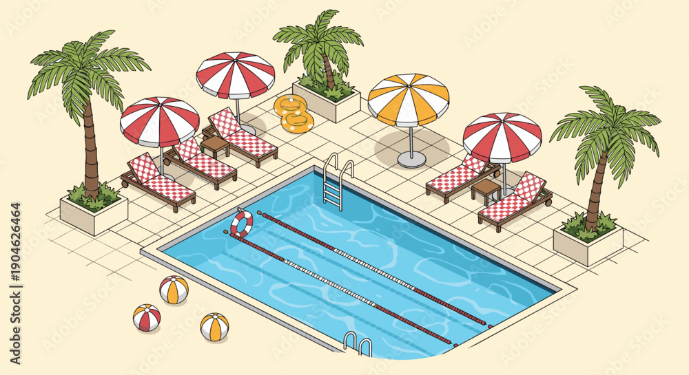 Obraz premium Isometric illustration of a luxury resort swimming pool area with palm trees, lounge chairs, striped umbrellas, and beach balls.