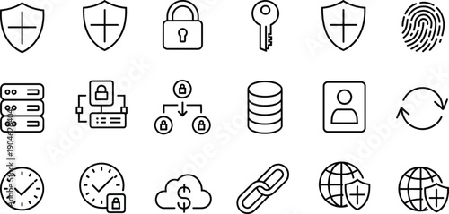 Cybersecurity and data protection line icons featuring shields, encryption, authentication, secure storage, and privacy technology for modern digital network systems