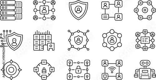 Cybersecurity network and user protection line icon set featuring secure servers, encrypted connections, identity privacy, access control, and digital security systems