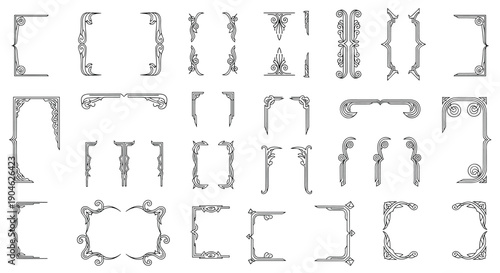 Collection of decorative corner elements and border flourishes offers a variety of classical styles for framing documents or invitations.