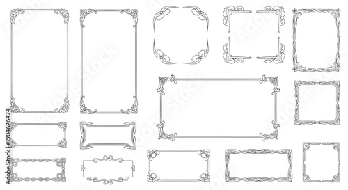 Collection of various ornate rectangular and square frames features intricate scrollwork and floral motifs for classical document design.