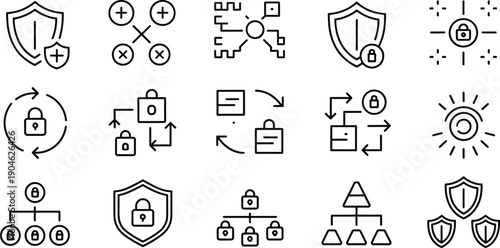 Cybersecurity protection workflow line icon set featuring secure sharing, encrypted access, data transfer control, privacy shields, and hierarchical security structure symbols