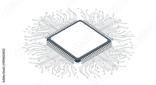 Isometric view of a computer processor chip shows intricate circuit line connections spreading out across a clean white background plane.