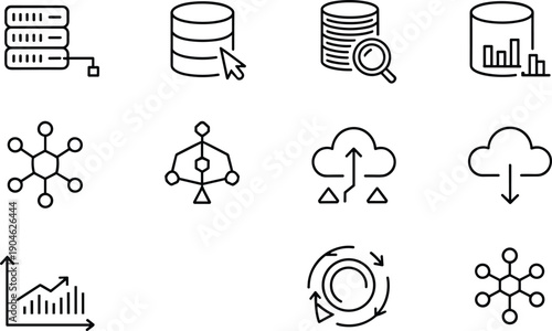 Data storage, cloud computing, and database analytics line icons set featuring server network, upload download, synchronization, and digital infrastructure technology symbols