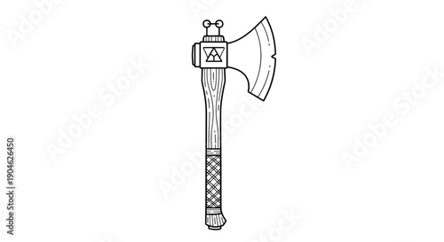 Detailed black and white line drawing of a medieval axe or hatchet features a wooden handle with a cross hatched grip and a sharp blade.