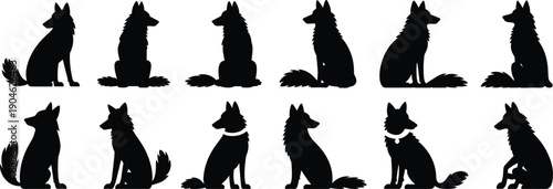 Dog silhouette collection featuring different sitting canine poses, pet animal profiles, domestic breed shapes, and minimal black vector illustration set