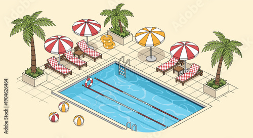 Isometric illustration of a luxury resort swimming pool area with palm trees, lounge chairs, striped umbrellas, and beach balls.