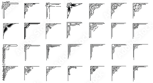 Grid of twenty four elegant and ornate corner flourishes features intricate scrollwork and floral patterns for sophisticated design framing.