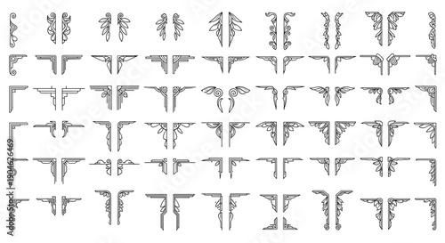 Collection of fifty four diverse symmetrical decorative corner elements provides a wide range of accents for framing and page layout.