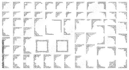 Grid of fifty four ornate corner border decorations features classical and floral motifs for adding a refined touch to document edges.