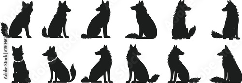 Dog silhouettes collection showing various sitting canine breeds and pet profiles, domestic animal shapes, minimal black vector illustration set