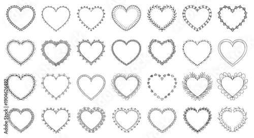Collection of diverse decorative heart-shaped frames with floral, lace, and geometric patterns for romantic design themes.
