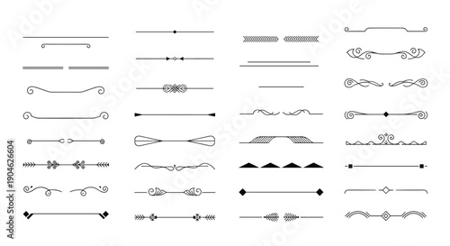 Set of diverse horizontal line dividers and decorative border strokes featuring varied geometric and flourish elements.