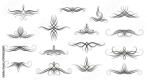 Collection of sixteen intricate black and white decorative flourish elements with elegant symmetrical scrolls and swirls.