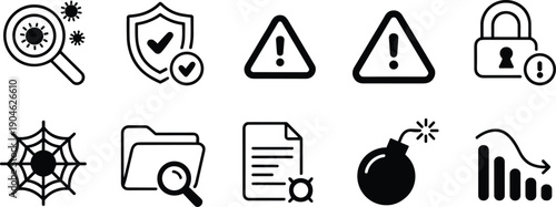 Minimal cybersecurity line icons featuring malware scan shield warning alerts secure lock infected files bomb threat and declining analytics concepts