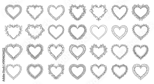 Large collection of decorative heart-shaped frames featuring intricate floral and leafy ornamental borders for romantic designs.