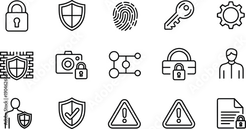 Minimal line cybersecurity and privacy protection icon set featuring lock, shield, fingerprint, key, secure user authentication, warning, and data security symbols