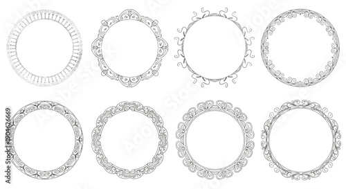 Set of eight diverse decorative circular frames with varied floral and geometric ornamental borders for round labels.