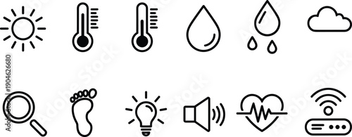 Minimal line icon set featuring weather, temperature, water, health, sound, wifi, and smart home symbols on light background modern outline style