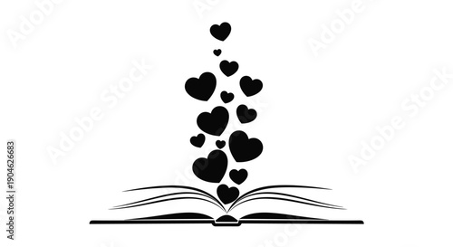 Whimsical black and white illustration of many small hearts floating up and out from the pages of an open book.