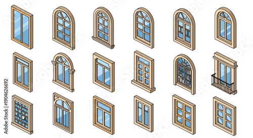 Isometric collection of architectural window styles including arched, rectangular, and balcony designs for building illustrations and property development graphics.