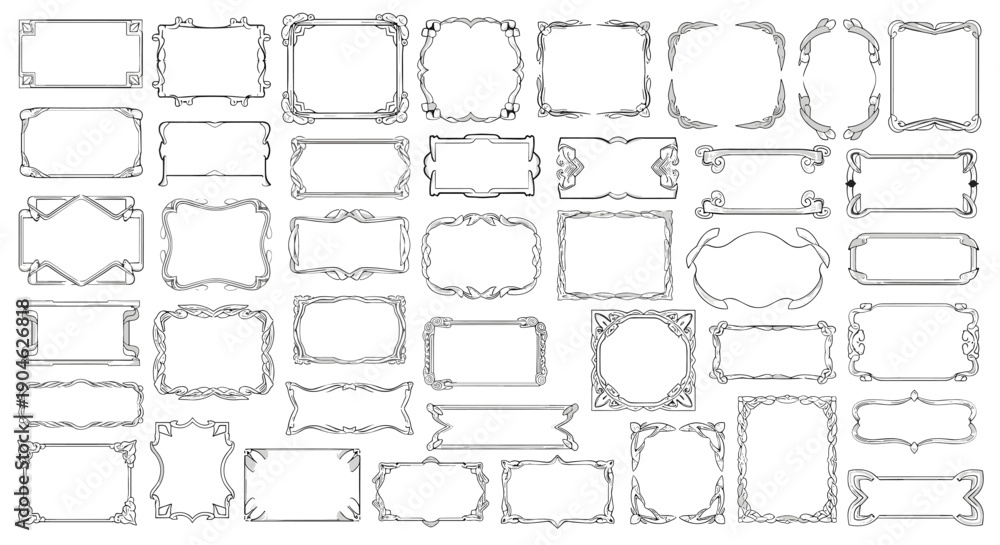 Obraz premium Large selection of rectangular and square decorative frames ranging from simple thin lines to more complex ornate border designs for document framing.