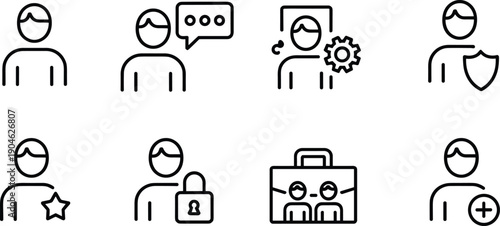 Minimal line icons set representing user profile communication settings security rating access teamwork and account management concepts for web and mobile interface