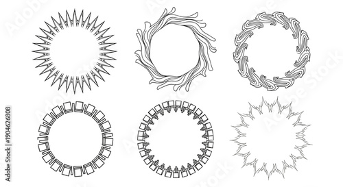 Geometric collection of circular ornaments and wreaths with intricate repeating patterns for logos, symbols, and decorative accents in vector format.