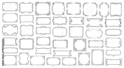 Large selection of rectangular and square decorative frames ranging from simple thin lines to more complex ornate border designs for document framing.