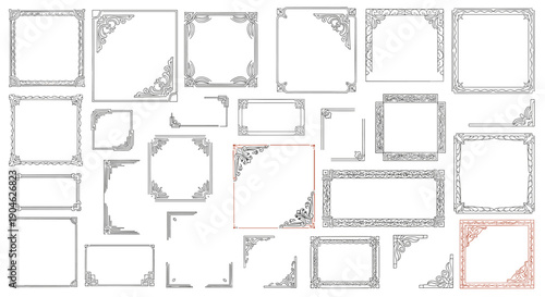 Collection of square and rectangular frames with ornate corner details and various line patterns for elegant graphic design framing and borders.