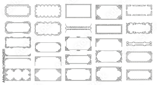 Set of decorative rectangular frames and border elements with various corner designs for creative page layouts and photography edge effects.