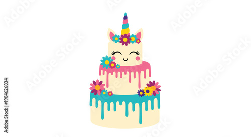 Festive three tiered birthday cake decorated with a unicorn horn, ears, smiling face, and colorful flowers on a plain white background for celebrations.