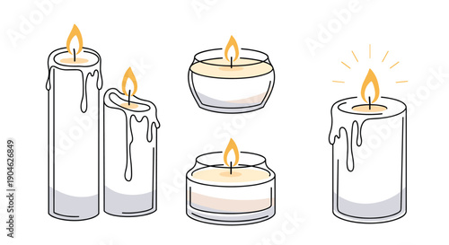 Various styles of lit candles in glass jars and pillar formats with warm orange flames representing relaxation, light, warmth, and atmospheric decor.