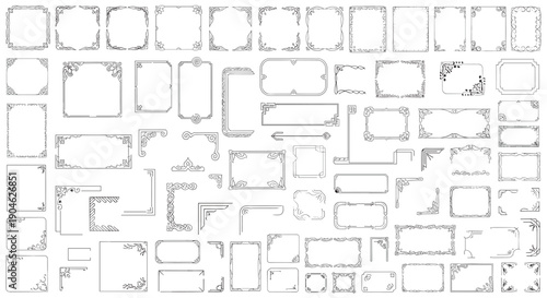 Large collection of miniature decorative frames, corners, and border elements for detailed page ornamentation, scrapbooking, and creative paper crafts.