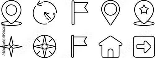 Minimal navigation line icons collection with location pins compass flags home arrows and route direction interface symbols design