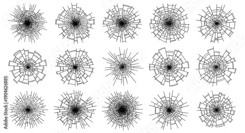 Grid of realistic shattered glass impact patterns and bullet hole effects for creating damaged surface textures in professional graphic design projects.