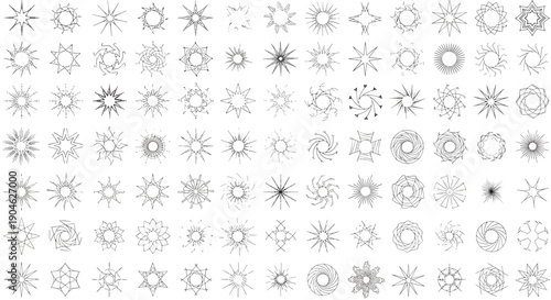 Extensive grid of circular starburst and sunburst geometric shapes with various ray lengths and densities in a black outline format.