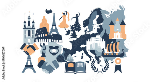 Europe Map Collage: Landmarks, Culture, and Business Symbols