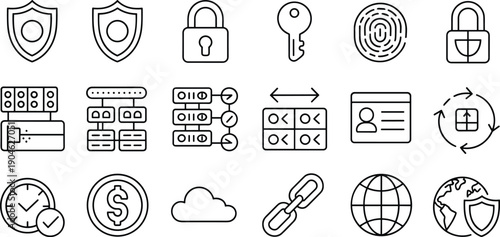 Set of cybersecurity and data protection line icons featuring authentication, encryption, secure servers, cloud storage, and global privacy network technology concepts