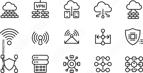 Set of cloud computing and network security line icons featuring VPN, firewall, wireless connectivity, data servers, and cybersecurity infrastructure technology concepts