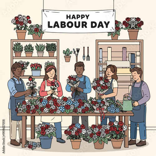 Cartoon image of florists working, crafting bouquets, with flowers, and planters