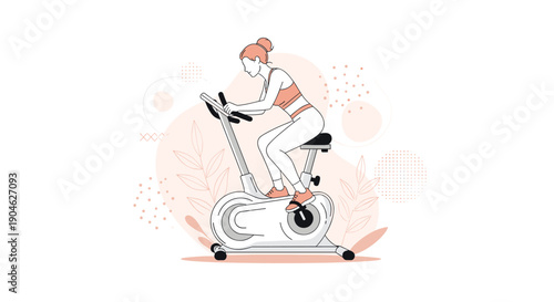 Young woman exercising on a stationary gym bike in a modern fitness illustration with pastel abstract shapes and botanical elements.