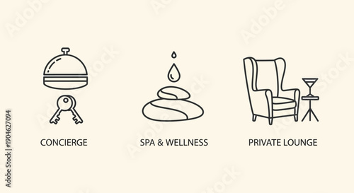 Collection of icons representing concierge services, spa and wellness treatments, and private lounge access for a luxury hotel or resort experience