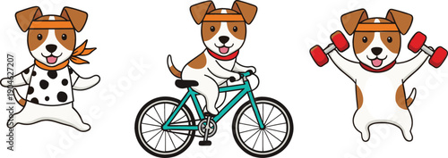 Cute Dog Cartoon Character Set Showing Pet Exercising, Cycling, and Fitness Activities Illustration for Kids Designs, Stickers, Mascots, and Fun Branding