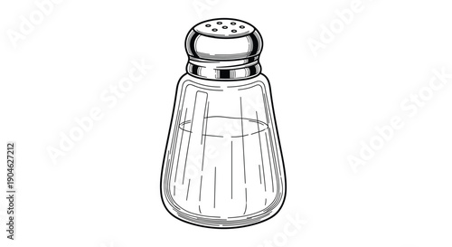 Detailed black and white line art drawing of a classic glass salt or pepper shaker with a metal screw-on perforated lid.
