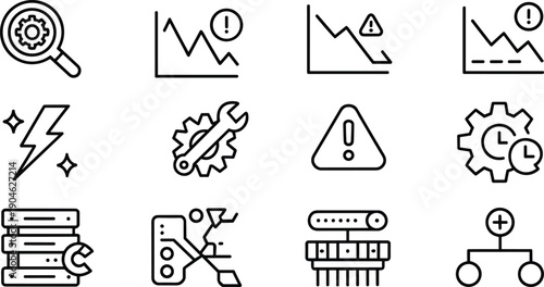 System monitoring and technical diagnostics line icons set featuring analytics charts, warning alerts, server maintenance, troubleshooting tools, performance optimization symbols