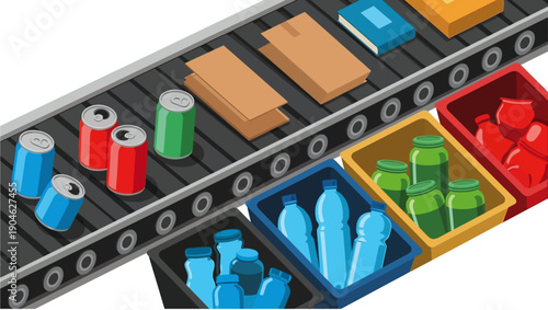 Industrial conveyor belt with assorted packaged goods and products.