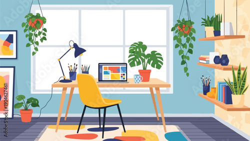Cartoon interior of a room, including desk, plants, and laptop